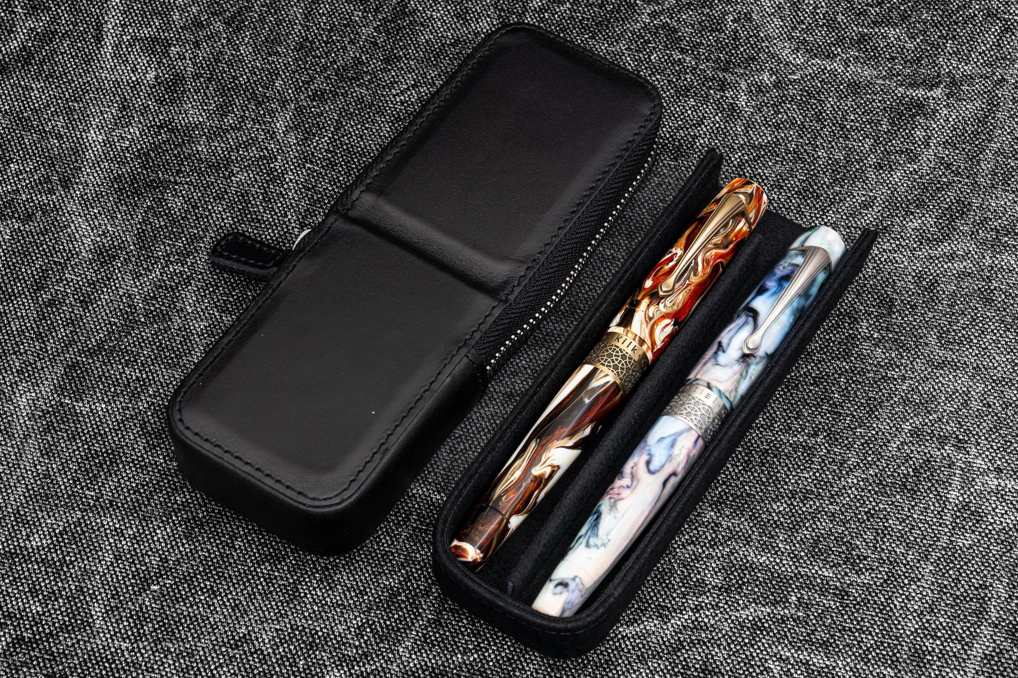 Leather Zippered Magnum Opus 2 Slots Hard Pen Case with Removable Pen Tray - Black