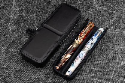Leather Zippered Magnum Opus 2 Slots Hard Pen Case with Removable Pen Tray - Black