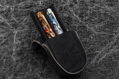 Leather Zippered Magnum Opus 2 Slots Hard Pen Case with Removable Pen Tray - Black
