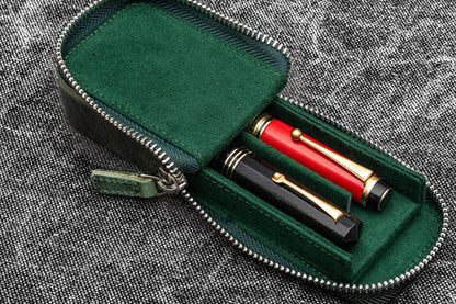 Leather Zippered Magnum Opus 2 Slots Hard Pen Case with Removable Pen Tray - Crazy Horse Forest Green