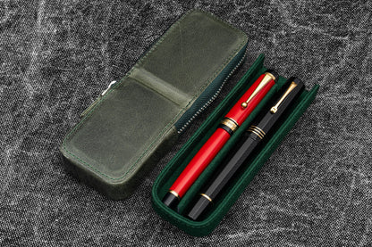 Leather Zippered Magnum Opus 2 Slots Hard Pen Case with Removable Pen Tray - Crazy Horse Forest Green