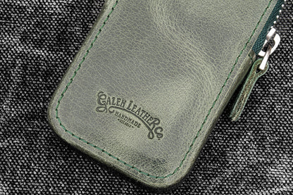 Leather Zippered Magnum Opus 2 Slots Hard Pen Case with Removable Pen Tray - Crazy Horse Forest Green