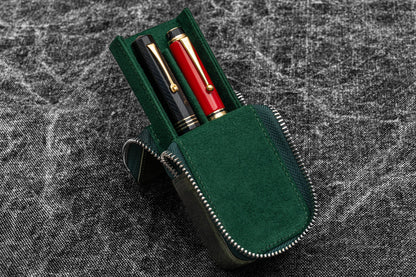 Leather Zippered Magnum Opus 2 Slots Hard Pen Case with Removable Pen Tray - Crazy Horse Forest Green