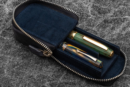 Leather Zippered Magnum Opus 2 Slots Hard Pen Case with Removable Pen Tray - Crazy Horse Navy Blue