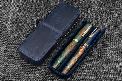 Leather Zippered Magnum Opus 2 Slots Hard Pen Case with Removable Pen Tray - Crazy Horse Navy Blue