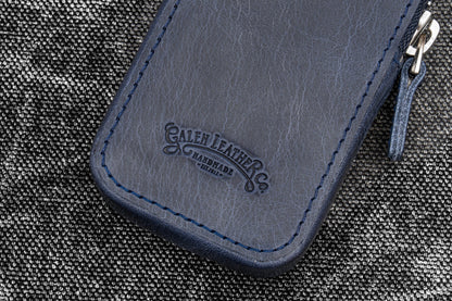 Leather Zippered Magnum Opus 2 Slots Hard Pen Case with Removable Pen Tray - Crazy Horse Navy Blue