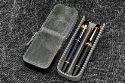 Leather Zippered Magnum Opus 2 Slots Hard Pen Case with Removable Pen Tray - Crazy Horse Navy Smoky