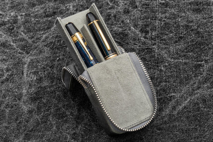 Leather Zippered Magnum Opus 2 Slots Hard Pen Case with Removable Pen Tray - Crazy Horse Navy Smoky