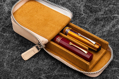 Leather Zippered Magnum Opus 2 Slots Hard Pen Case with Removable Pen Tray - Undyed Leather