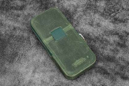 Leather Zippered Magnum Opus 3 Slots Hard Pen Case with Removable Pen Tray - Crazy Horse Forest Green