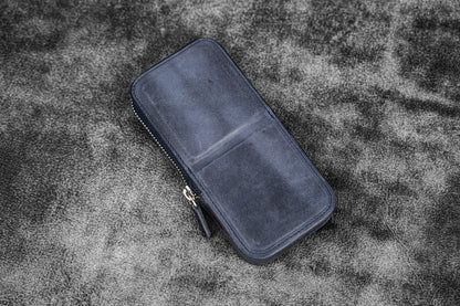 Leather Zippered Magnum Opus 3 Slots Hard Pen Case with Removable Pen Tray - Crazy Horse Navy Blue