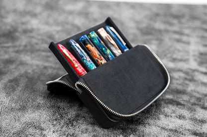 Leather Magnum Opus 6 Slots Hard Pen Case with Removable Pen Tray - Black