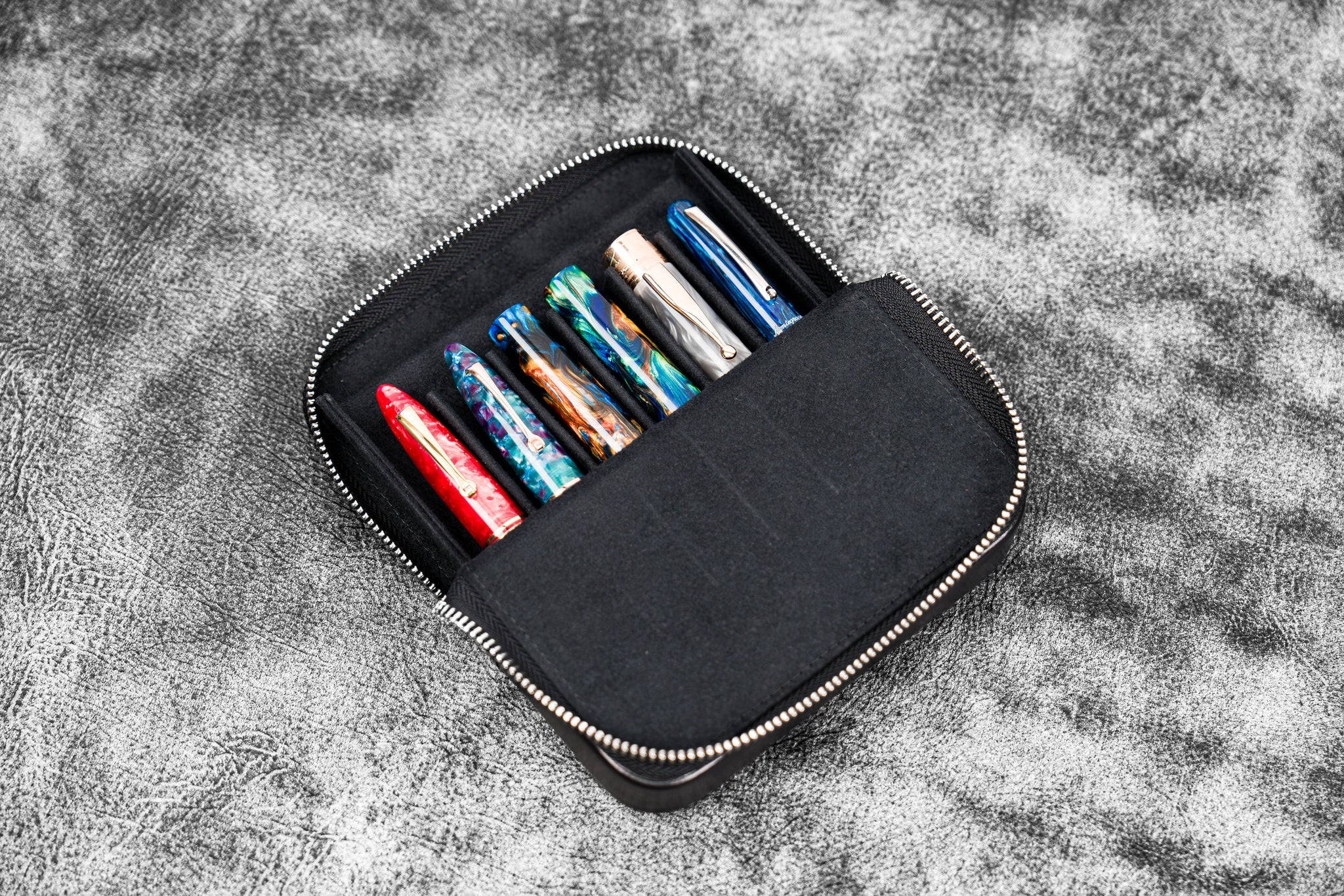 Leather Magnum Opus 6 Slots Hard Pen Case with Removable Pen Tray - Black
