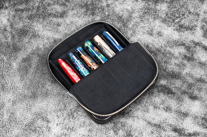 Leather Magnum Opus 6 Slots Hard Pen Case with Removable Pen Tray - Black