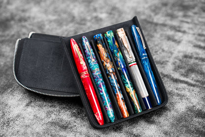 Leather Magnum Opus 6 Slots Hard Pen Case with Removable Pen Tray - Black