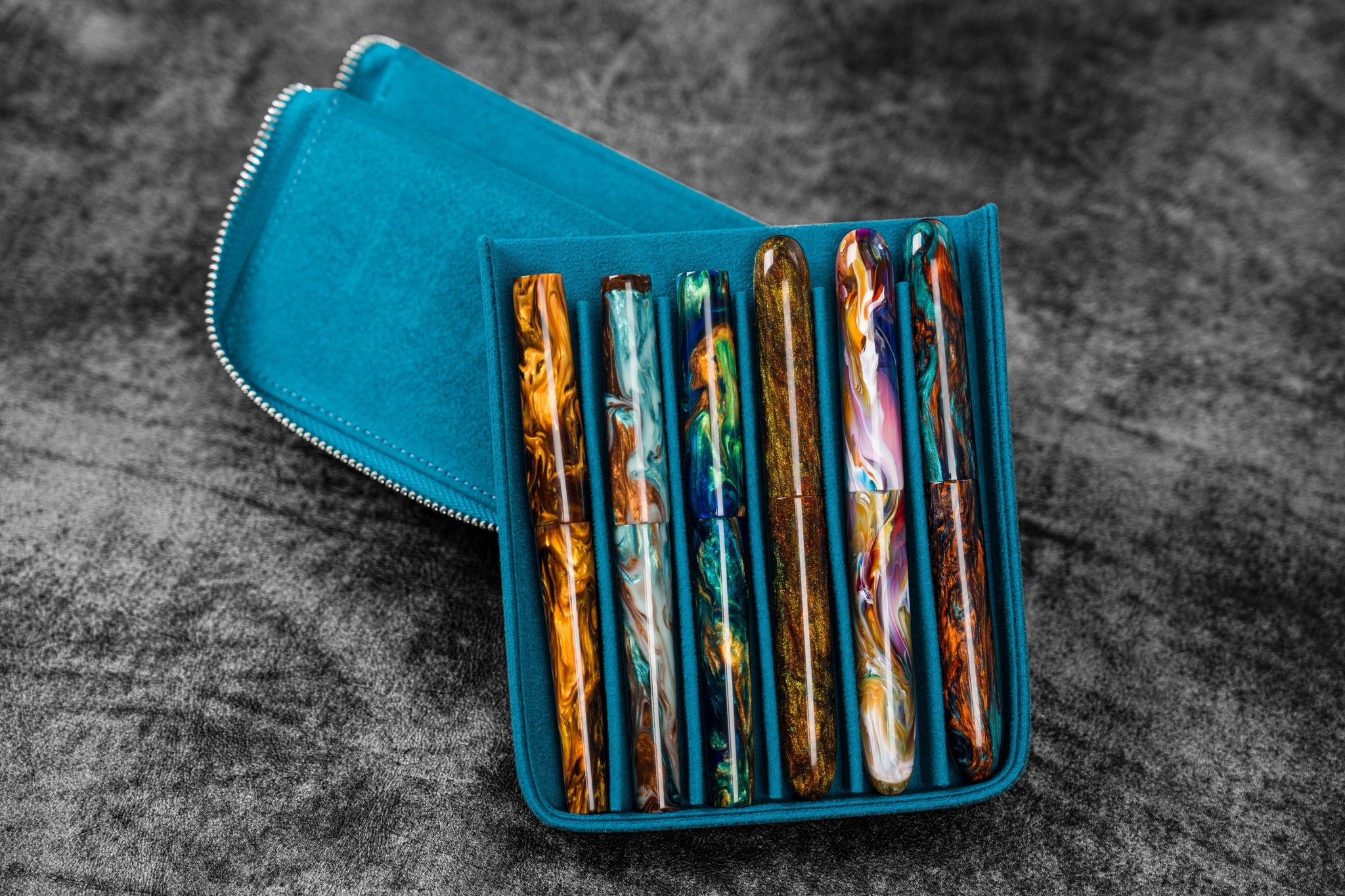 Leather Magnum Opus 6 Slots Hard Pen Case with Removable Pen Tray - Crazy Horse Ocean Blue