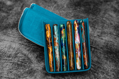 Leather Magnum Opus 6 Slots Hard Pen Case with Removable Pen Tray - Crazy Horse Ocean Blue