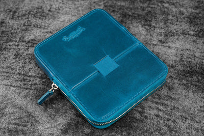 Leather Magnum Opus 6 Slots Hard Pen Case with Removable Pen Tray - Crazy Horse Ocean Blue