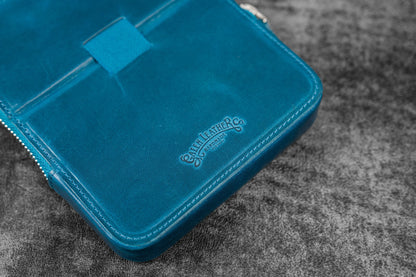 Leather Magnum Opus 6 Slots Hard Pen Case with Removable Pen Tray - Crazy Horse Ocean Blue