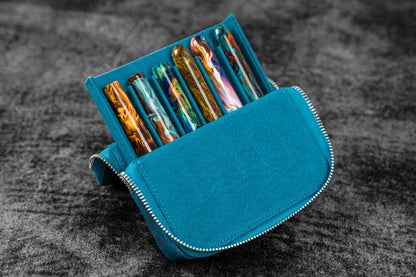 Leather Magnum Opus 6 Slots Hard Pen Case with Removable Pen Tray - Crazy Horse Ocean Blue