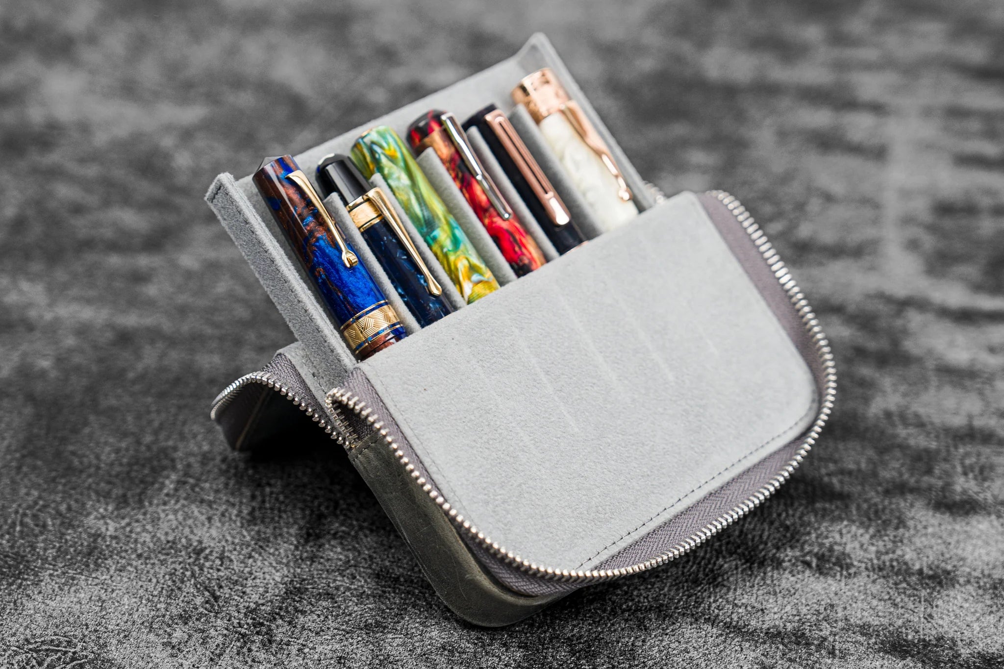 Leather Magnum Opus 6 Slots Hard Pen Case with Removable Pen Tray - Crazy Horse Smoky