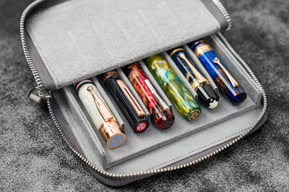 Leather Magnum Opus 6 Slots Hard Pen Case with Removable Pen Tray - Crazy Horse Smoky