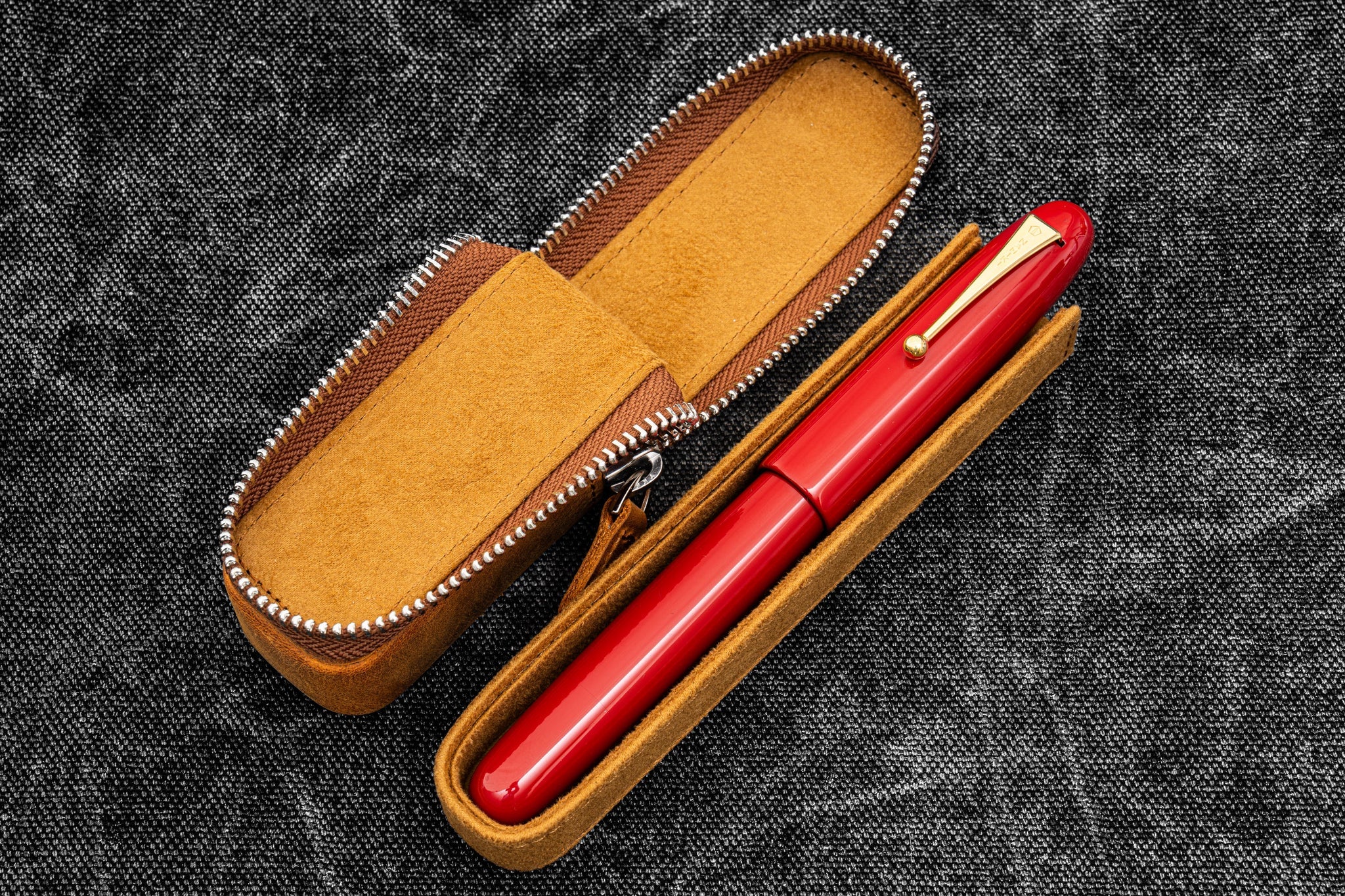 Leather Zippered Magnum Opus Single Hard Pen Case For Oversized Pens & Namiki Emperor  - Crazy Horse Brown