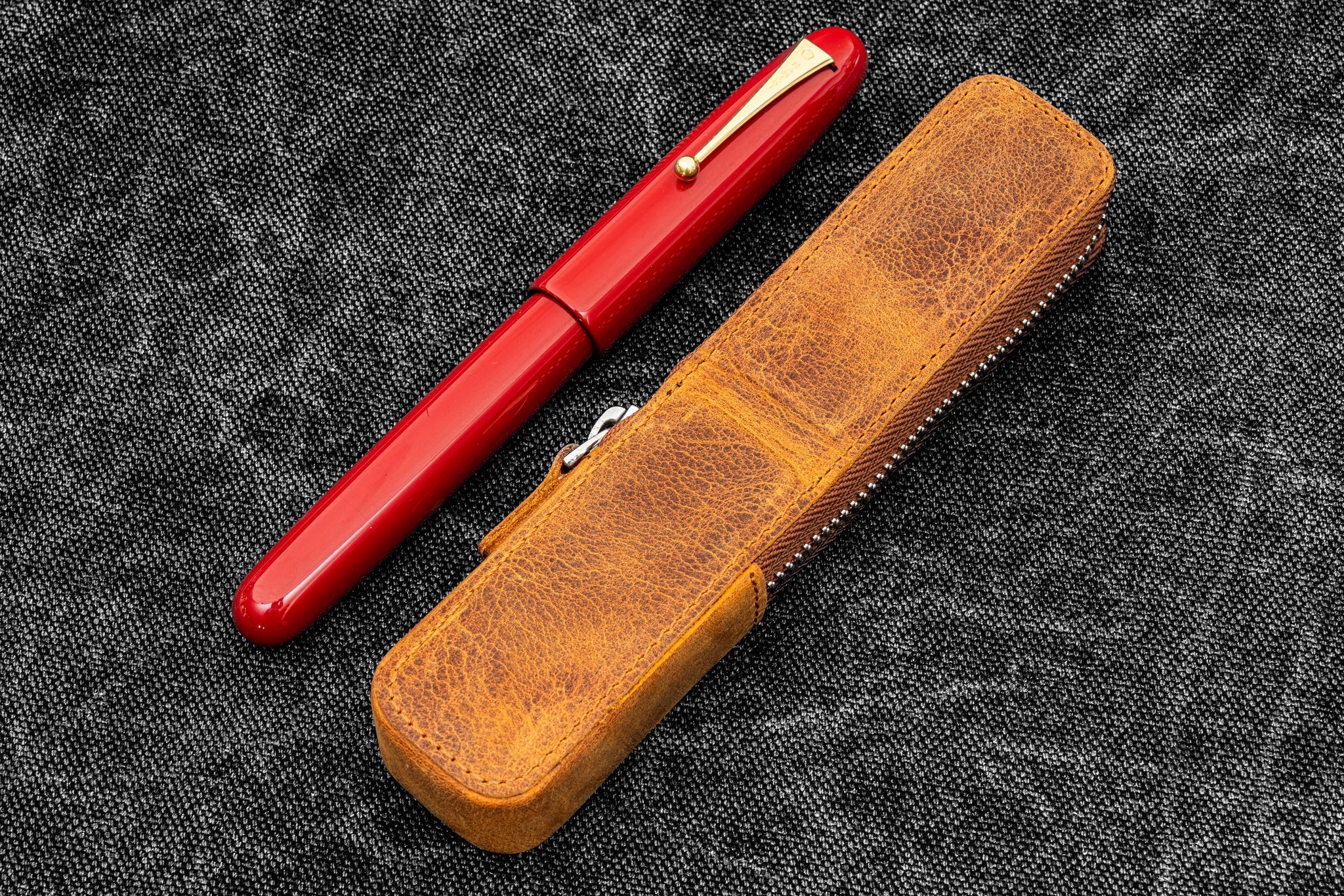 Leather Zippered Magnum Opus Single Hard Pen Case For Oversized Pens & Namiki Emperor  - Crazy Horse Brown