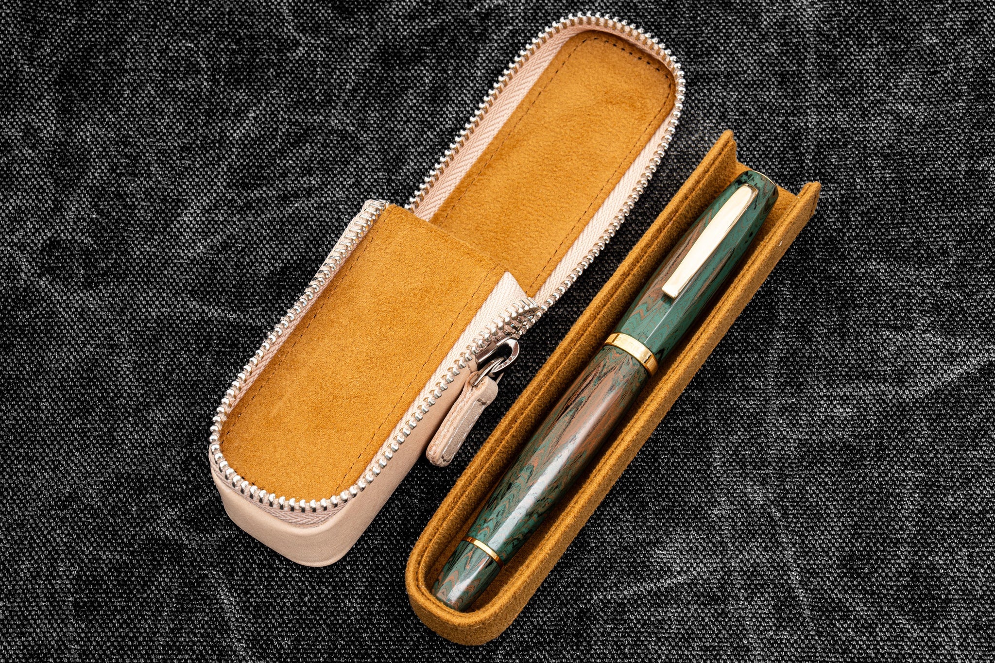 Leather Zippered Magnum Opus Single Hard Pen Case For Oversized Pens & Namiki Emperor  - Undyed Leather