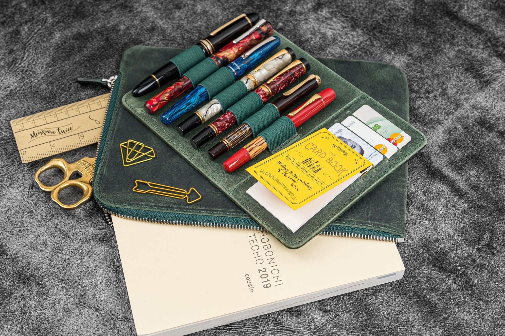 Leather Zippered Writer's Bank Bag - Pen Pouch - Crazy Horse Forest Green