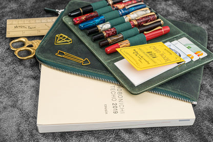 Leather Zippered Writer's Bank Bag - Pen Pouch - Crazy Horse Forest Green