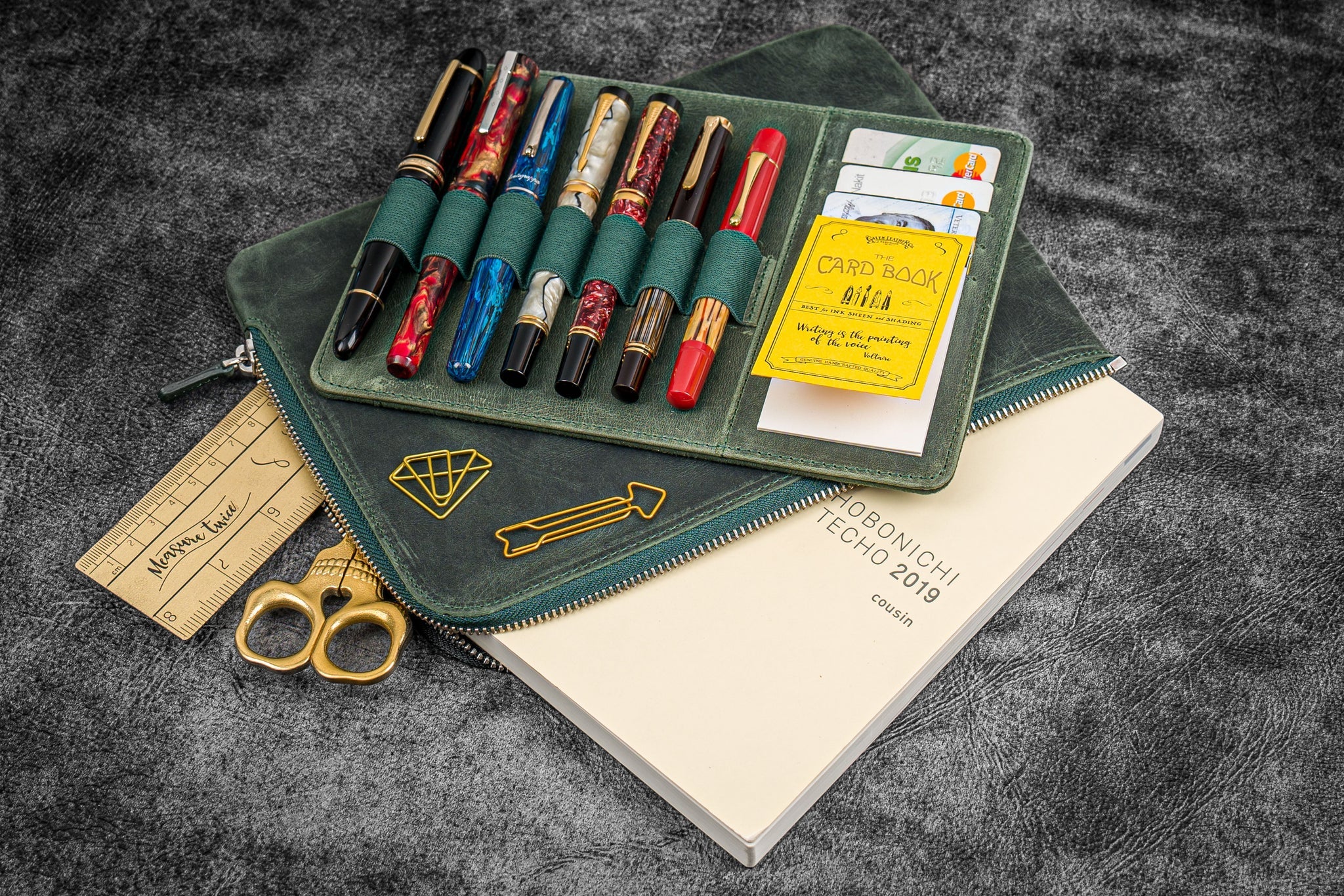 Leather Zippered Writer's Bank Bag - Pen Pouch - Crazy Horse Forest Green