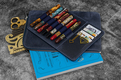 Leather Zippered Writer's Bank Bag - Pen Pouch - Crazy Horse Navy Blue