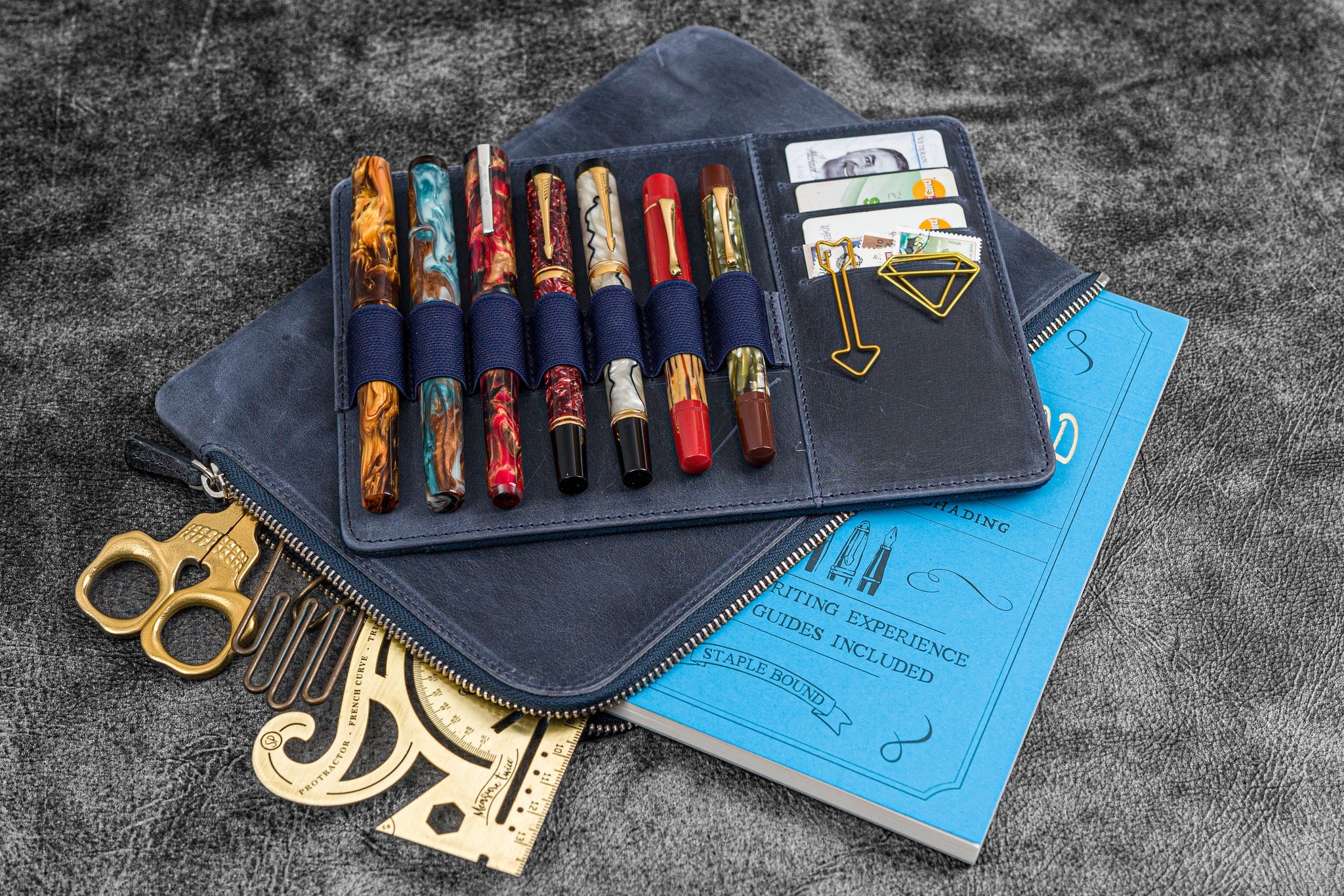 Leather Zippered Writer's Bank Bag - Pen Pouch - Crazy Horse Navy Blue