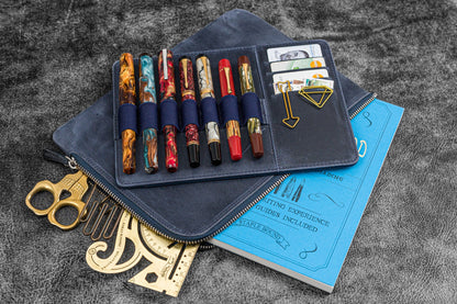 Leather Zippered Writer's Bank Bag - Pen Pouch - Crazy Horse Navy Blue