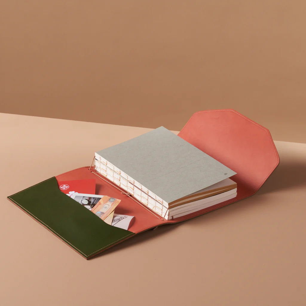 le trifold leather journal botany green & rustic rose (a5)