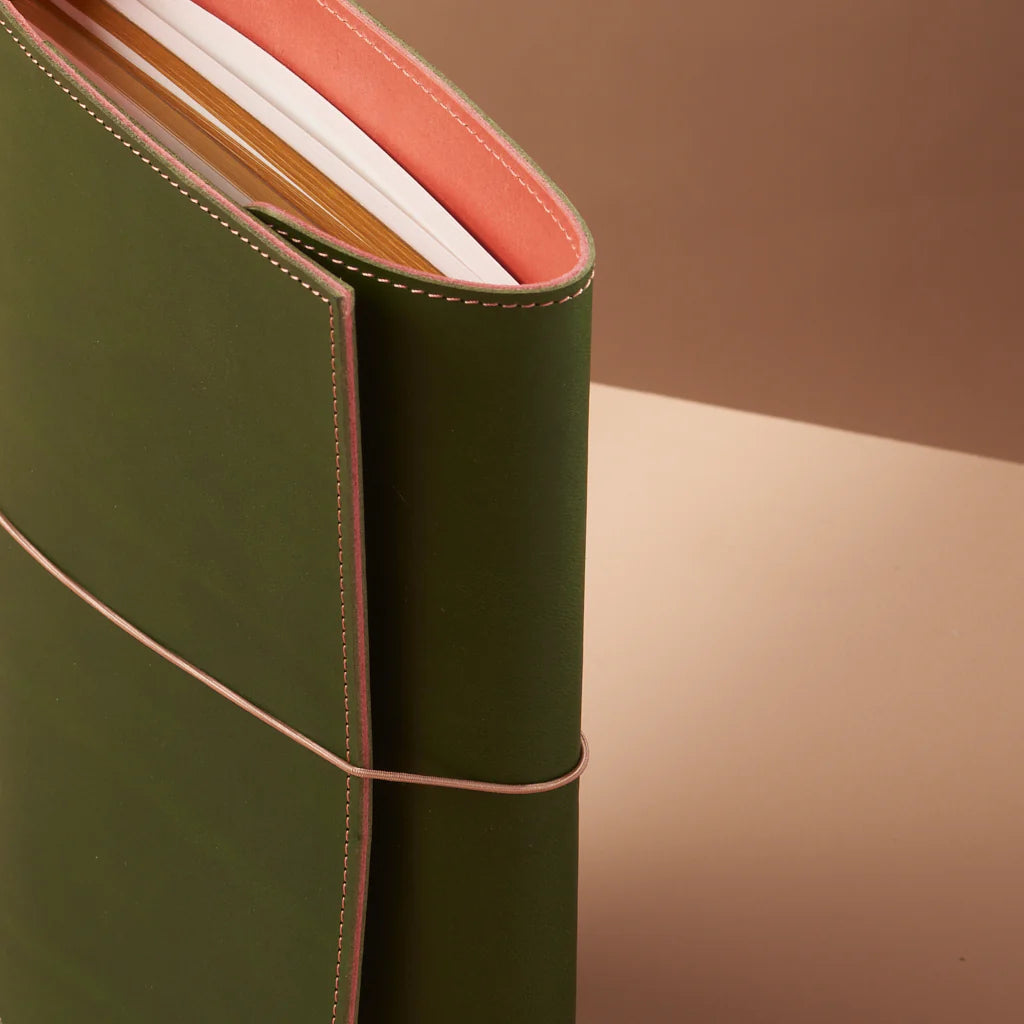 le trifold leather journal botany green & rustic rose (a5)