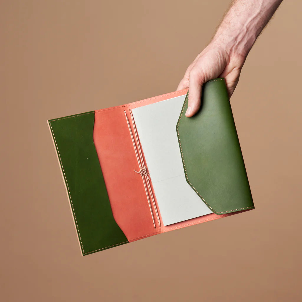 le trifold leather journal botany green & rustic rose (a5)