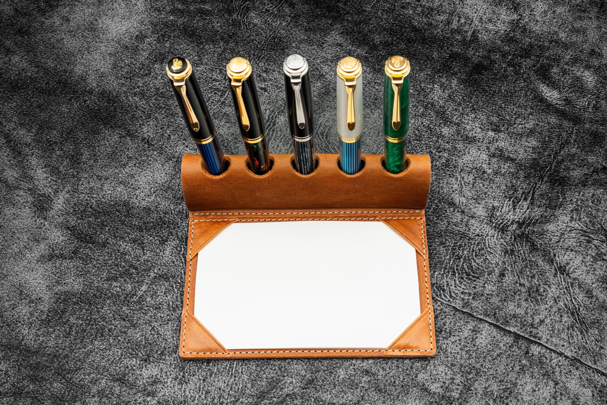 The Writer's Pen Dock - 5 Slots Pen Stand with Notepad Holder - Crazy Horse Tan