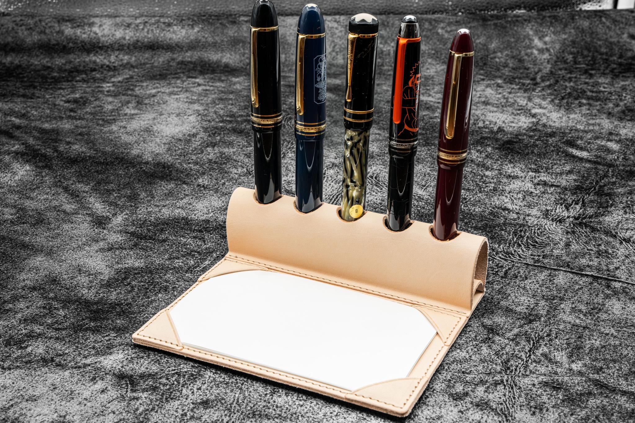 The Writer's Pen Dock - 5 Slots Pen Stand with Notepad Holder - Undyed Leather