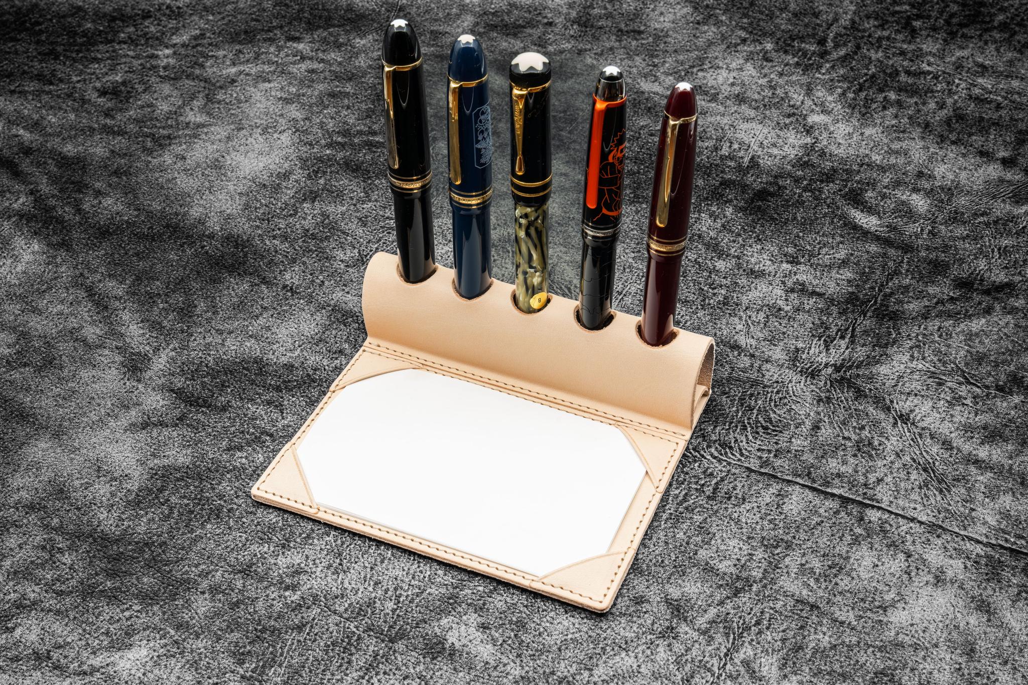 The Writer's Pen Dock - 5 Slots Pen Stand with Notepad Holder - Undyed Leather