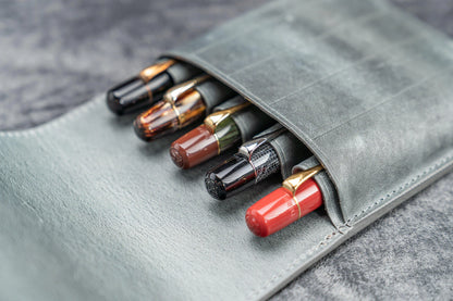 Leather Flap Pen Case for Five Pens - Crazy Horse Smoky