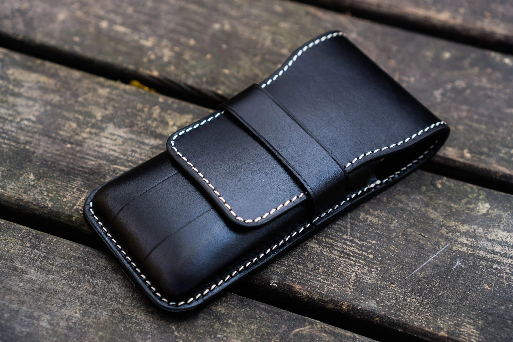 Leather Flap Pen Case for Three Pens - Black