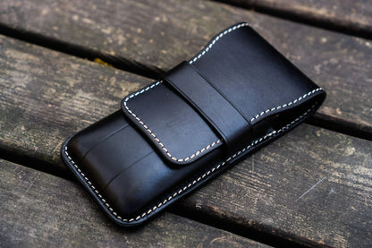 Leather Flap Pen Case for Three Pens - Black