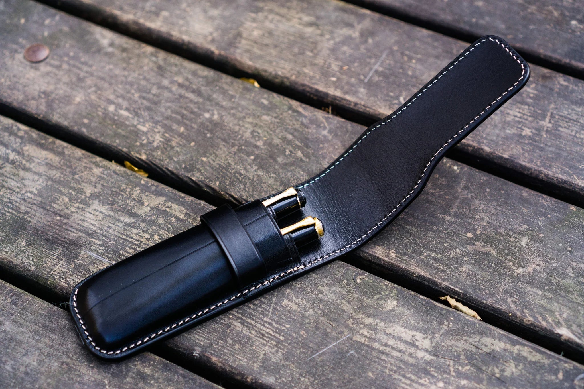 Leather Flap Pen Case for Two Pens - Black