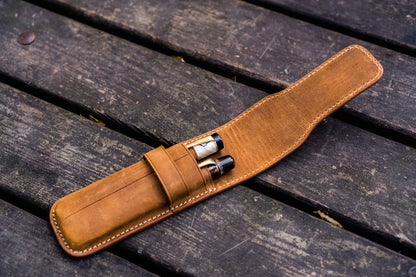 Leather Flap Pen Case for Two Pens - Crazy Horse Brown