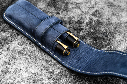 Leather Flap Pen Case for Two Pens - Crazy Horse Navy Blue