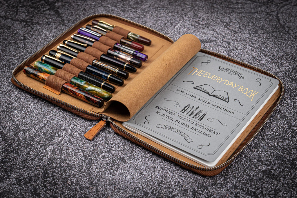 Leather Zippered 10 Slots Pen Case with A5 Notebook Holder - Crazy Hor