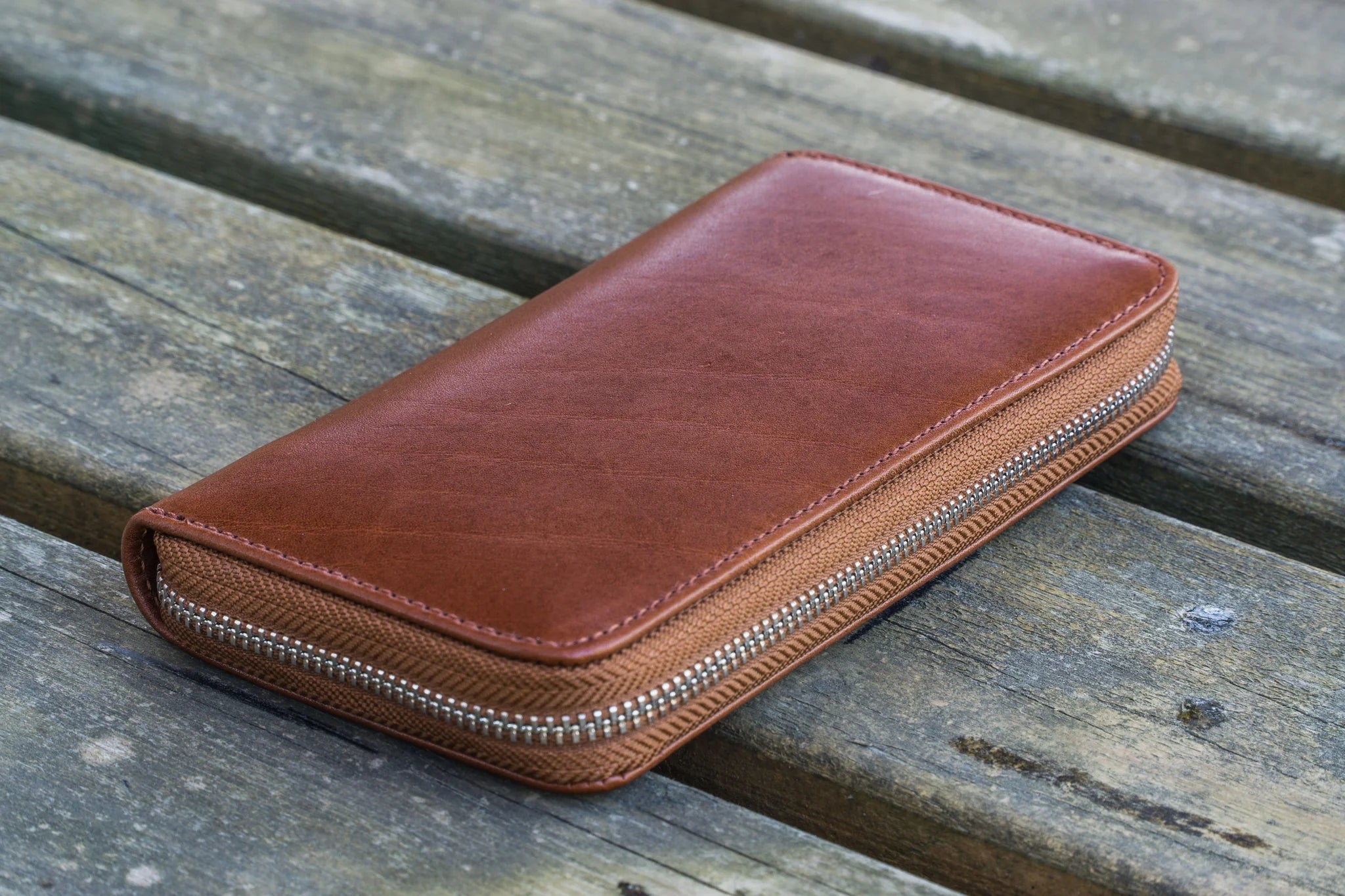 Leather Zippered 3 Slots Pen Case - Brown