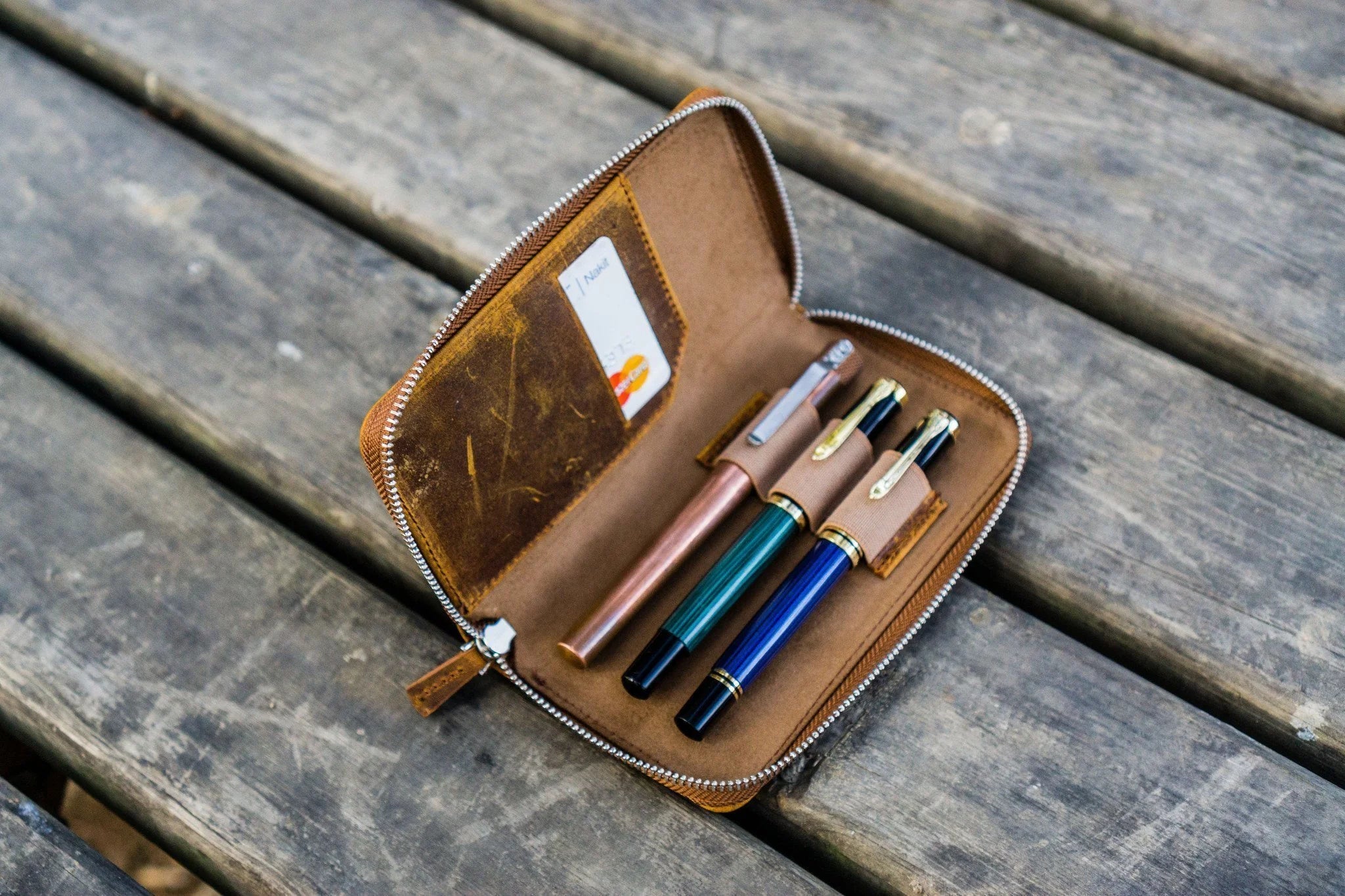 Leather Zippered 3 Slots Pen Case - Crazy Horse Brown